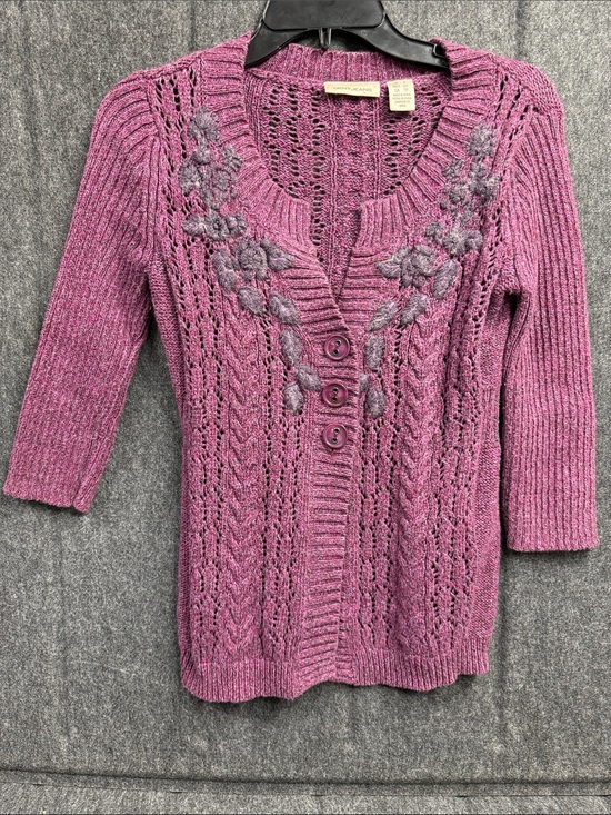Dkny Sweaters - DKNY Rose-Purple Floral Cable V-Neck Sweater